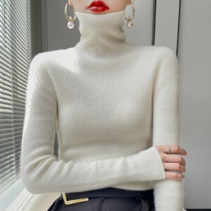 SXJ高领毛衣女羊毛打底针织衫2023年秋冬新款修身堆堆领套头
