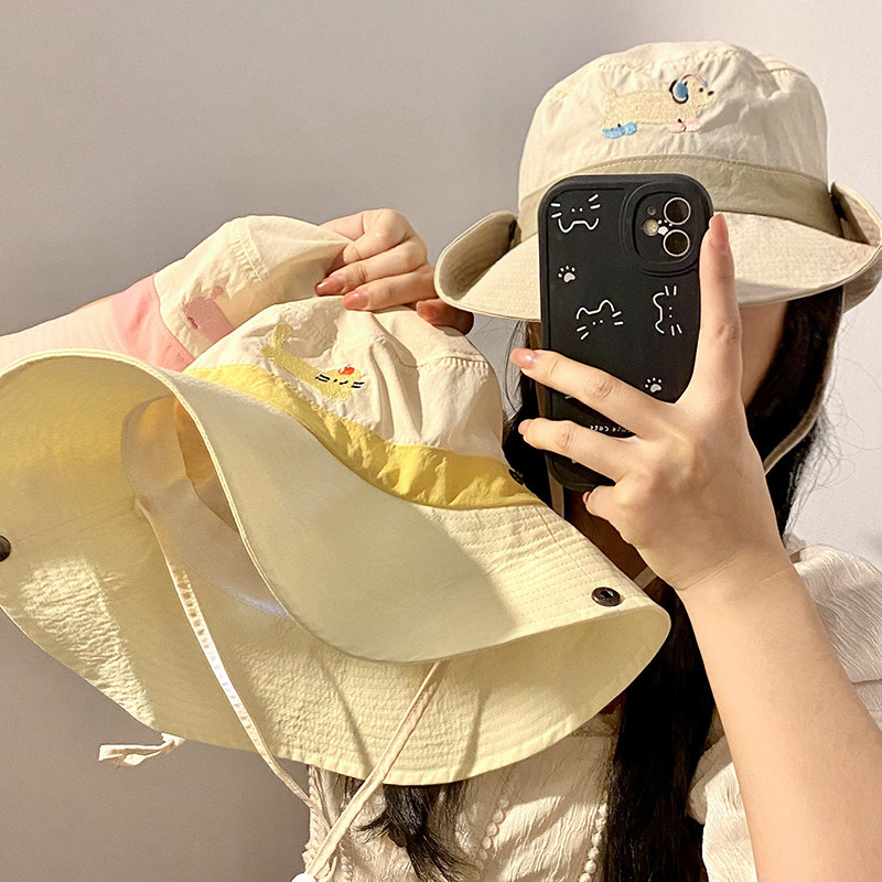 防晒帽子女夏季防紫外线大帽檐遮脸蝴蝶结渔夫帽大头围显脸小帽子