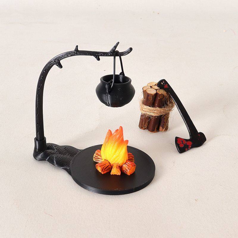 创意简约迷你食玩仿真田园室外娃娃微缩场景野炊篝火吊炉火焰模型
