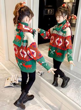 女孩毛衣2025新冬装加天鹅绒加厚儿童圣诞毛衣女孩时尚底裤衬衫