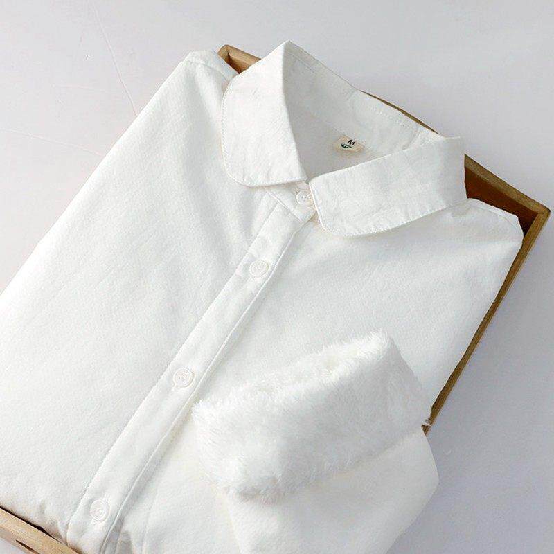 秋冬新款学生百搭娃娃领加绒白衬衫女长袖保暖加厚基础款打底衬衣