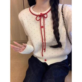 红色波点外搭短款毛衣外套女秋冬2025新款韩系小个子针织开衫上衣