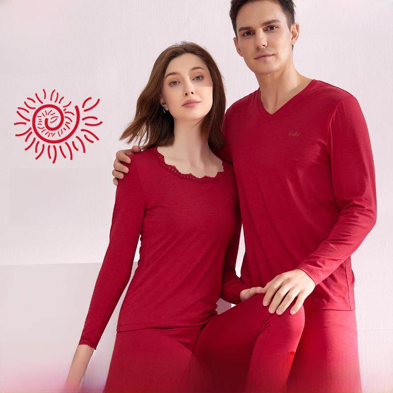 Shile加热纤维男士保暖内衣套装秋衣秋裤女士大红色生肖年大码马