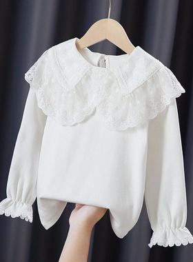 女童纯棉公主打底衫2025春秋冬款体恤加绒洋气蕾丝娃娃领内搭上衣