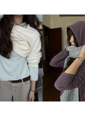 POXFFEE/德绒条纹连帽撞色打底衫女2025新款内搭宽松长袖T恤上衣