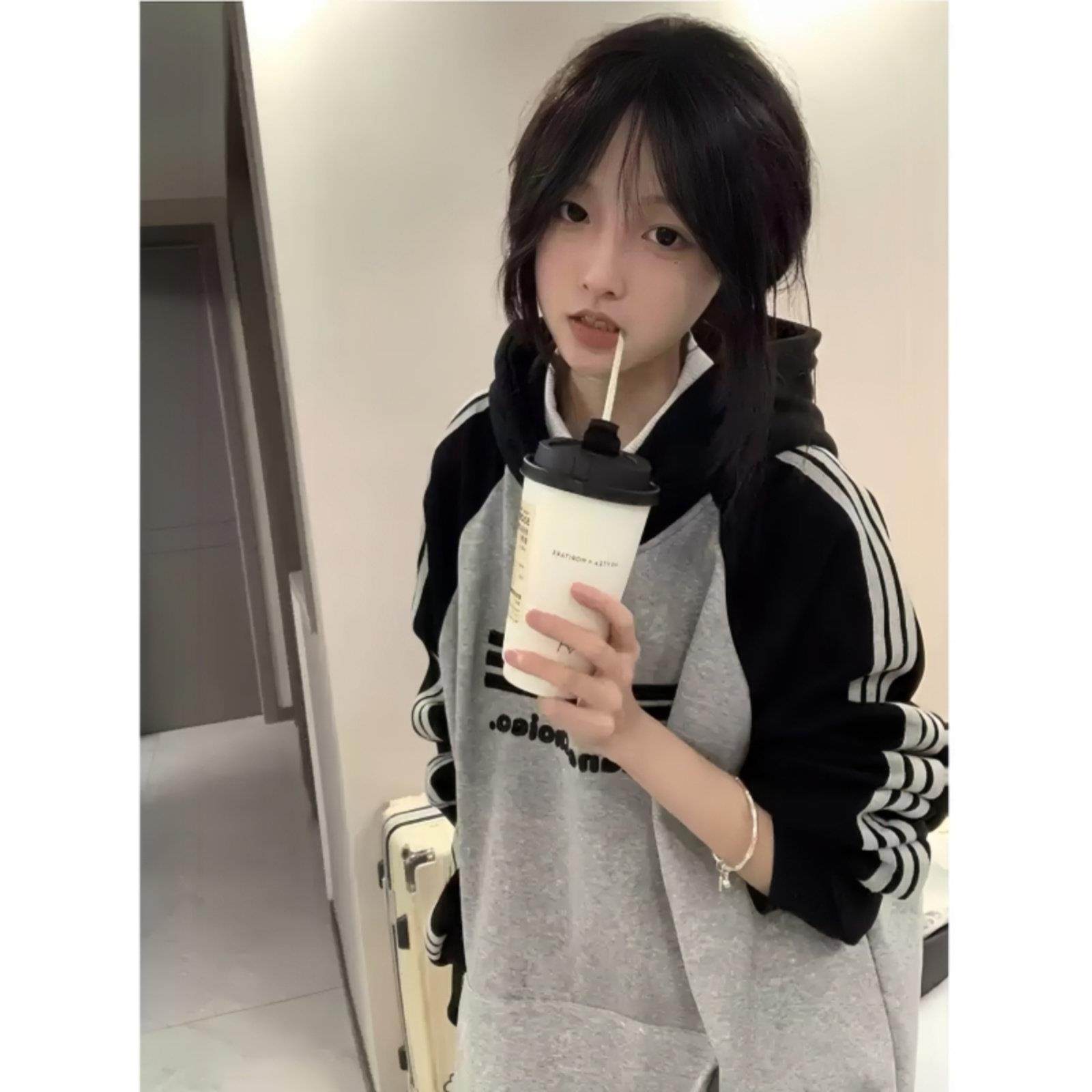 学院风三条杠连帽卫衣女大童春秋季初中高中学生宽松加绒长袖上衣