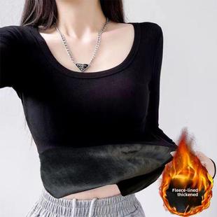 秋冬保暖长袖女底衬衫,天鹅绒和加厚大尺寸苗条圆领搭配万能t恤