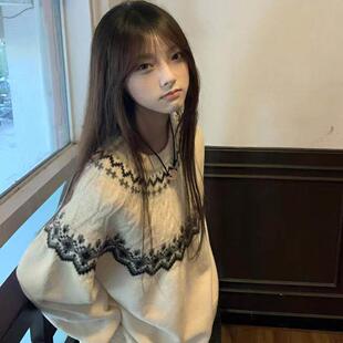 费尔岛白色圆领针织毛衣女慵懒风宽松设计感秋冬套头加厚保暖上衣