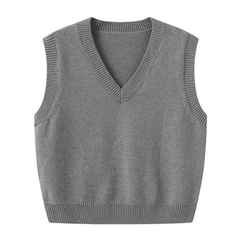 %棉不起球针织马甲女春秋季V领灰色无袖套头毛衣背心叠穿坎肩