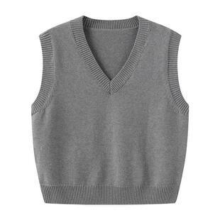 %棉不起球针织马甲女春秋季V领灰色无袖套头毛衣背心叠穿坎肩