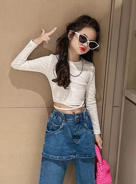 童装女童上衣洋气时髦白色短款炸露脐街舞女孩打底衫儿童长袖t恤