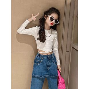 童装女童上衣洋气时髦白色短款炸露脐街舞女孩打底衫儿童长袖t恤