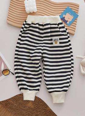 儿童运动裤秋季休闲 百搭男女童宽松条纹卫裤春秋束脚纯棉长裤