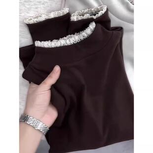 蕾丝拼接长袖T恤女秋冬季大码胖mm高级感显瘦德绒加厚打底衫上衣