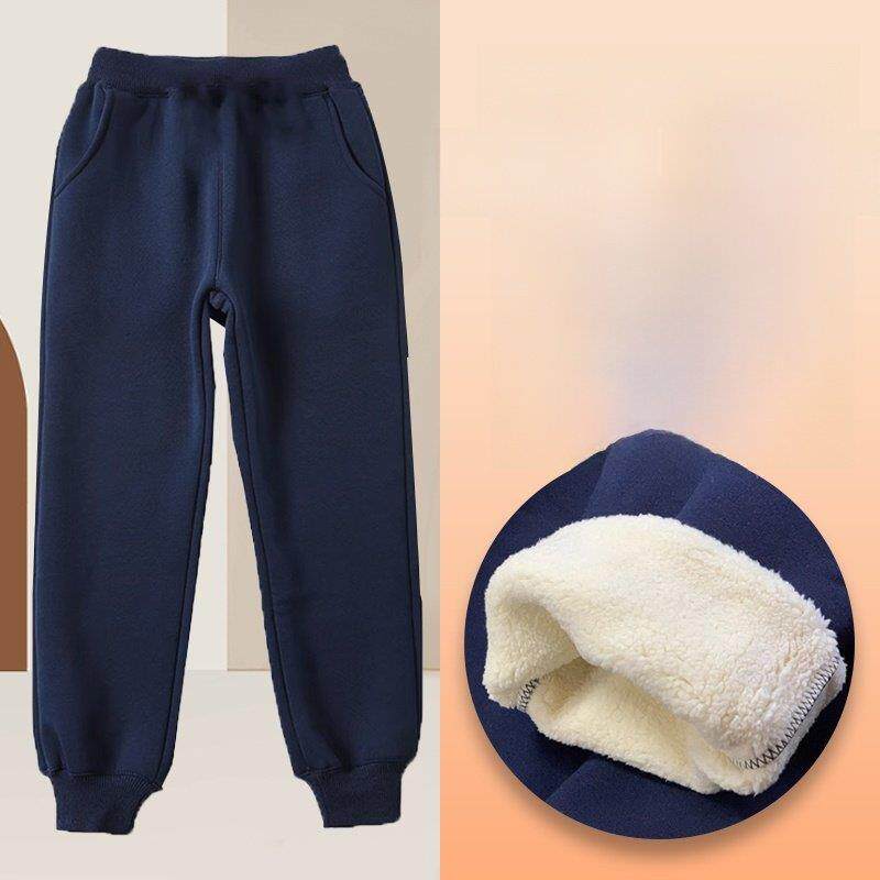 男童羊羔绒裤子女童冬季加绒加厚一体绒运动裤儿童藏青色校服裤子