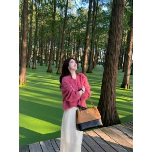 奶fufu树莓粉色马海毛毛衣女秋冬韩版慵懒高级感浣熊绒针织衫内搭