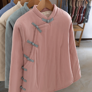 纯色加厚棉衣夹棉冬季 棉麻棉服 中国风修身 纯棉花复古盘扣棉袄女