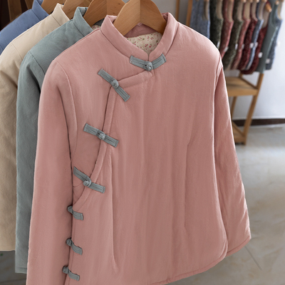 纯棉花复古盘扣棉袄女 中国风修身棉麻棉服 纯色加厚棉衣夹棉冬季