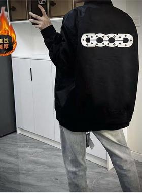 日式潮牌字母印花棒球服长袖男女宽松加绒加厚夹克外套黑色外穿