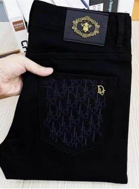 秋冬潮牌黑色修身小脚裤男士弹力牛仔裤字母刺绣长裤潮牛仔裤男款