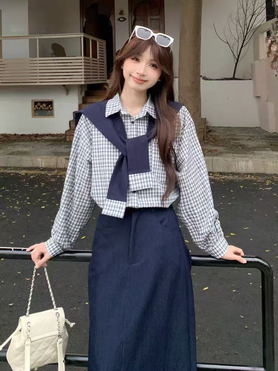 2025新款韩版时尚学院风百搭格子衬衫女设计感小众长裙套装