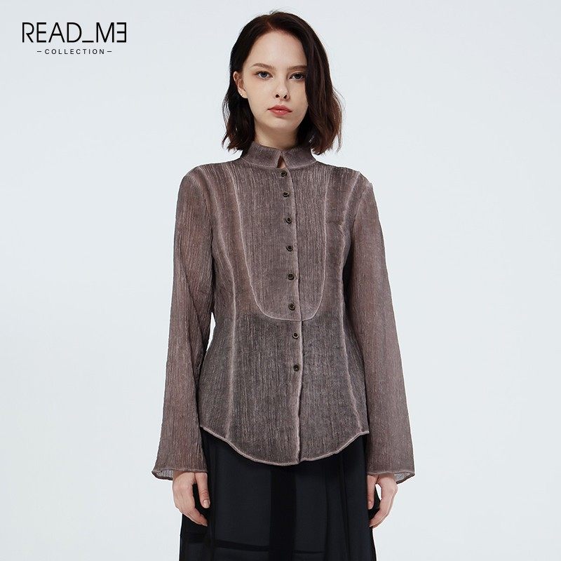 readme冷染小外套修身做旧感小立领微喇果壳扣上衣女读我精选