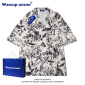 男夏设计感小众古巴领复古宽松休闲情侣装 WASSUP港风短袖 衬衫 上衣