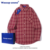 新款 WASSUP红色格子衬衫 男女2023秋季 宽松百搭休闲情侣衬衣外套潮