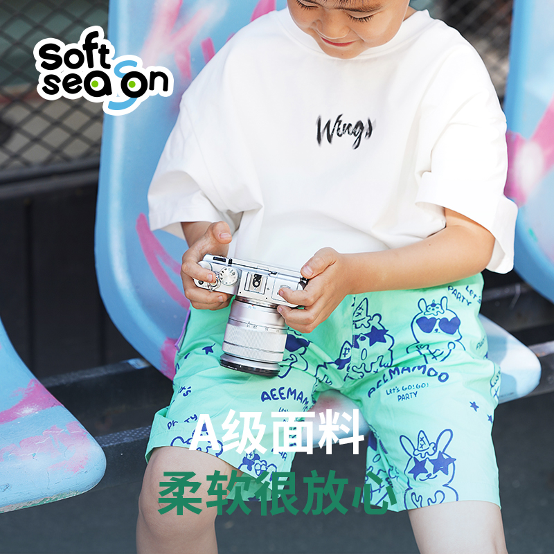 SOFTSEASON纯棉短裤男女童夏季中大童卡通印花裤子短裤棉纶