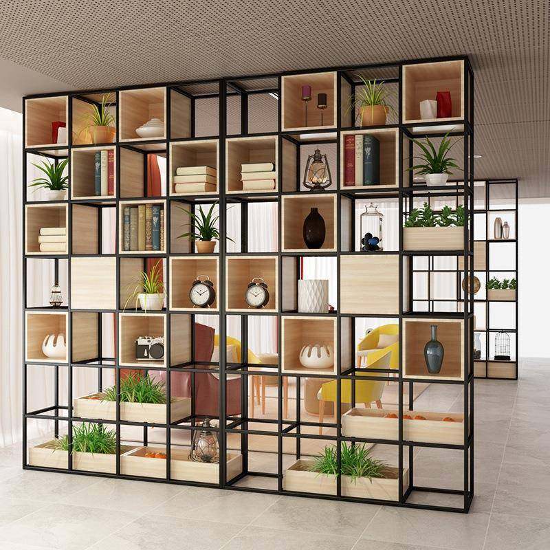 铁艺置物架书柜书架落地实木现代简约客厅办公室隔断屏风展示架子