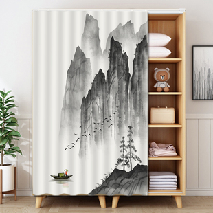 水墨山水柜子杂物遮丑帘整体橱柜遮挡帘拉帘鞋架衣柜防尘帘免打孔