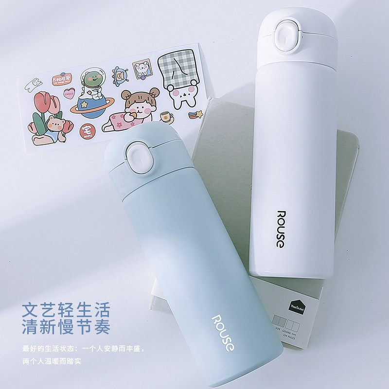 茶花弹跳盖保温水杯子瓶男女士ins高颜值可爱儿童便携小学生304不