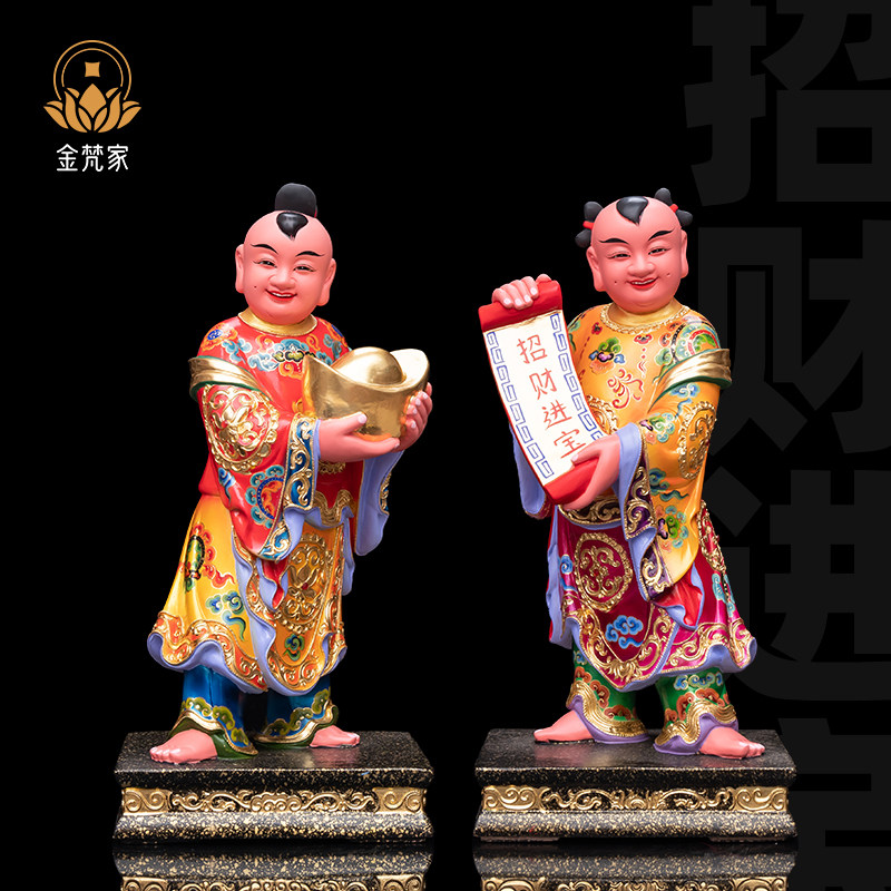 香樟木招财进宝神像招财进宝善财童子财神爷左右护法家用供奉摆件