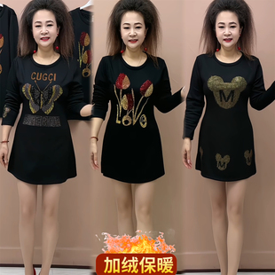 冬季加绒连衣裙女蝴蝶烫钻中长款显瘦遮肚中年妈妈加厚保暖打底裙