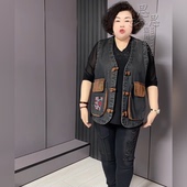 新国风刺绣盘扣牛仔马甲大口袋 女装 2025春中老年妈妈装 加肥加大码