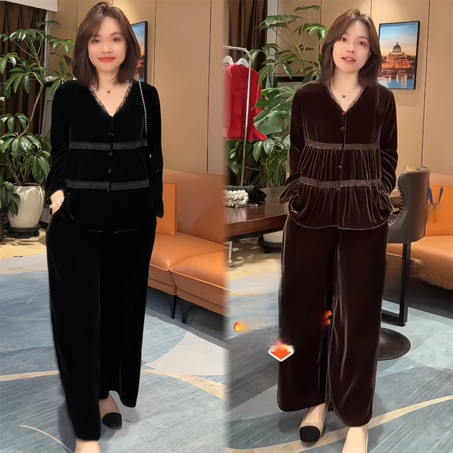 秋季V领蕾丝显瘦阔腿裤两件套