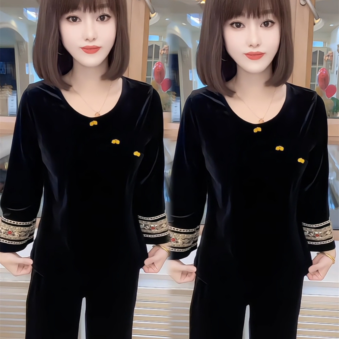 新中式2026年春季重工刺绣喇叭袖黑色圆领宽松时尚百搭丝绒上衣女,女装/女士精品,T恤,淘宝优惠券,粉丝福利购,淘宝优惠卷