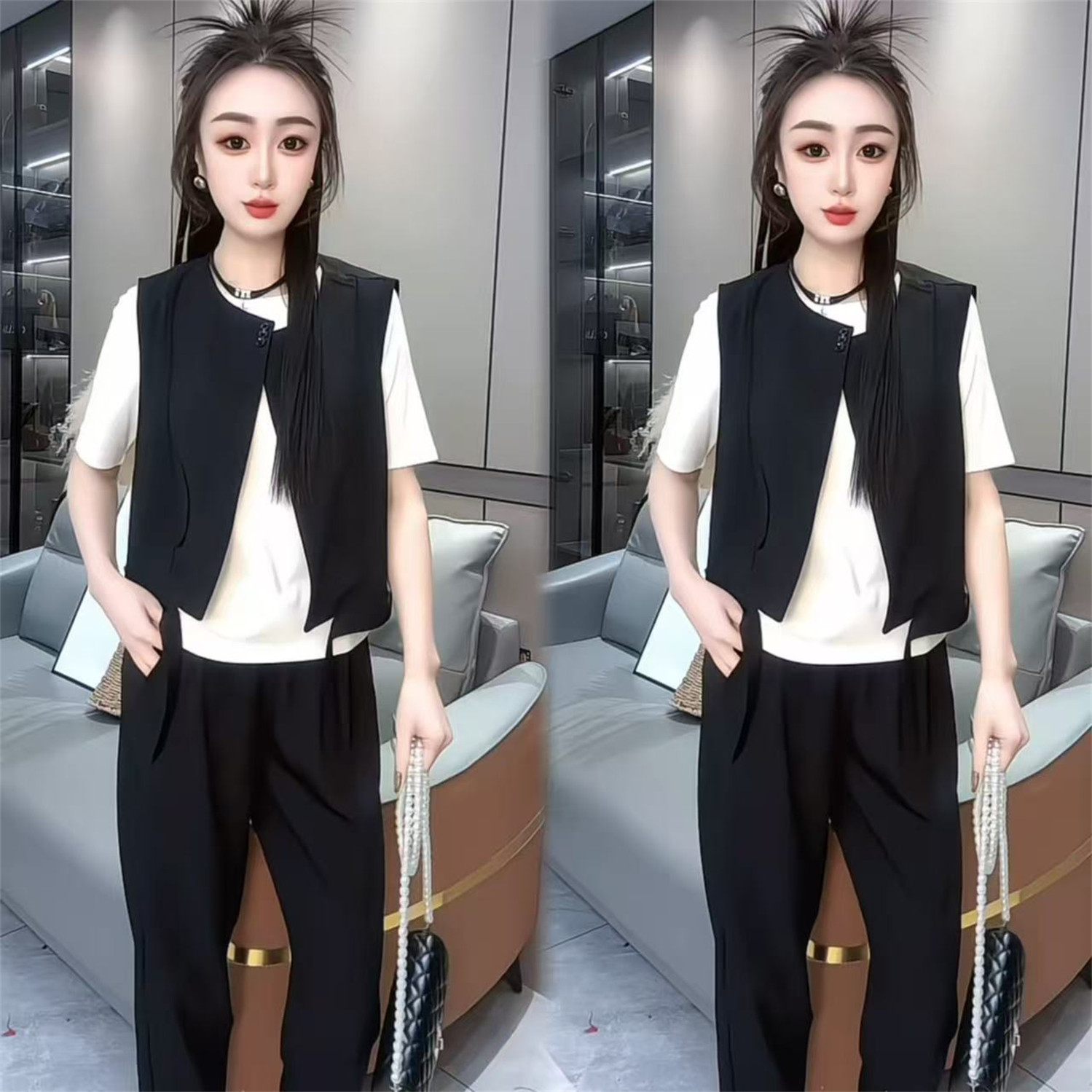 夏季高端定制气质三件套女马甲短袖休闲裤显瘦高级感通勤时尚套装