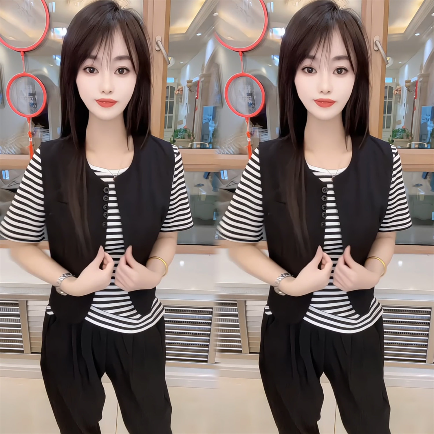 2026夏季新款休闲时尚三件套女条纹短袖马甲裤子显瘦气质通勤套装