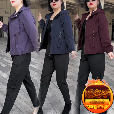 中年妈妈棉服外套冬季新款纯色连帽上衣短款时尚长袖双口袋棉衣女