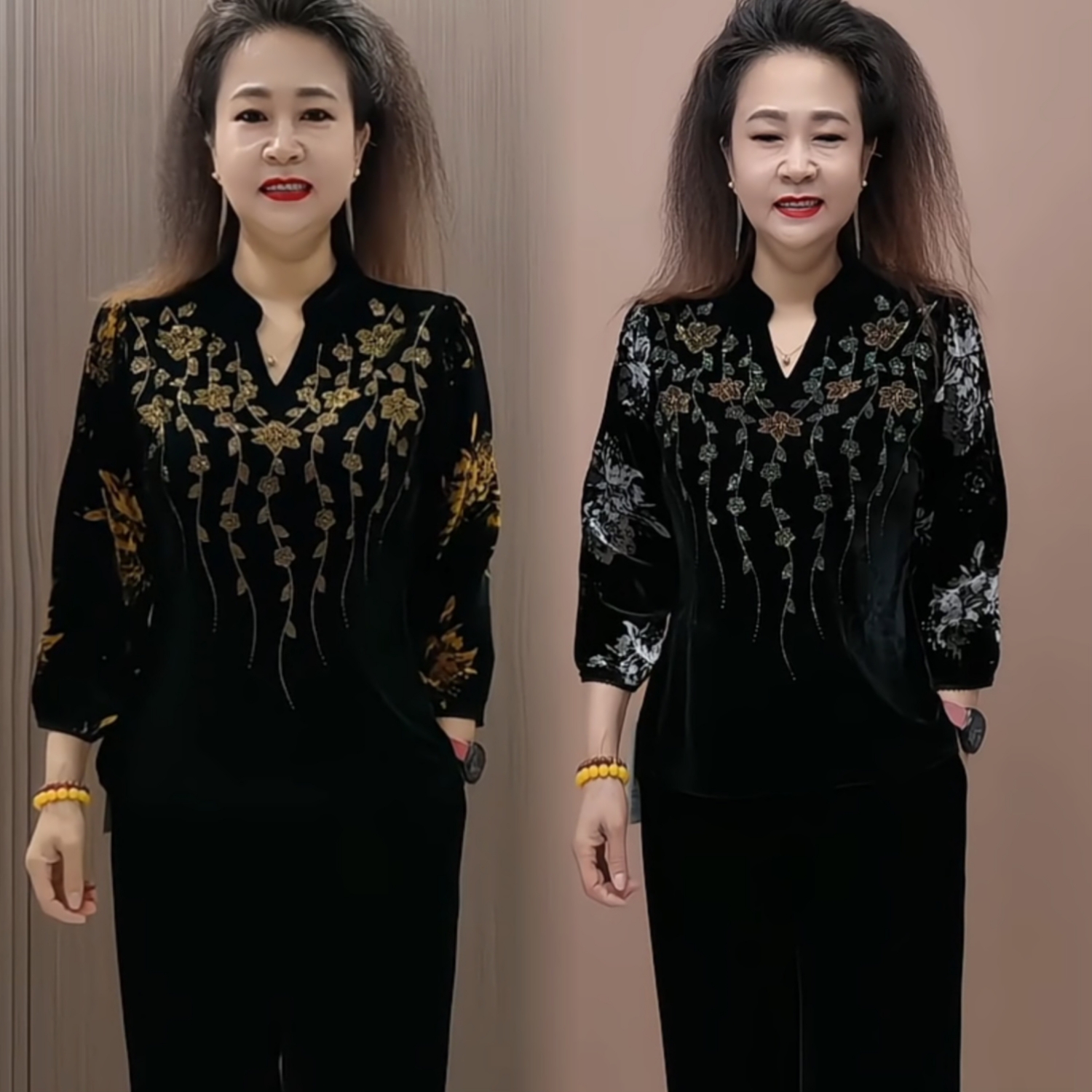 秋冬新款中老年丝绒洋气烫钻烧花大码宽松遮肉妈妈装上衣长袖小衫