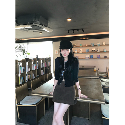 isaro uu 格纹拼边vintage7分袖~舒适棉开衫套头两穿显瘦上衣