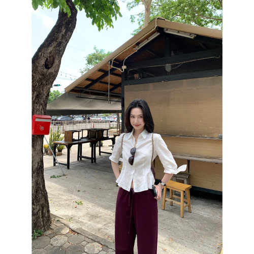 isaro uu 呼吸感100亚麻~绑带袖设计收腰亚麻衬衫