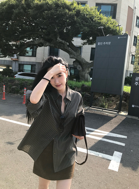 isaro uu 复古调色盘咖绿撞色条纹~早秋舒适棉宽松落肩廓形衬衫