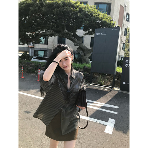 isaro uu 复古调色盘咖绿撞色条纹~早秋舒适棉宽松落肩廓形衬衫