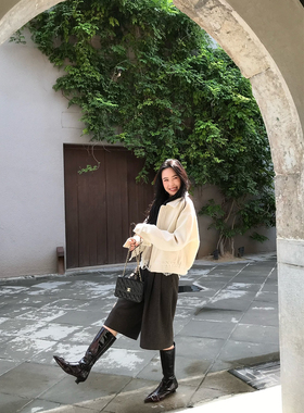 isaro uu 秋冬复古混色棕中裤~质感羊毛混纺毛呢宽松过膝裤