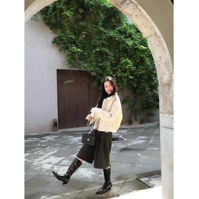 isaro uu 秋冬复古混色棕中裤~质感羊毛混纺毛呢宽松过膝裤