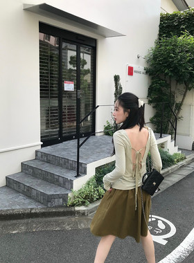 isaro uu 软软duang感羊毛人棉混纺长袖T恤~绑带露背自然毛边T
