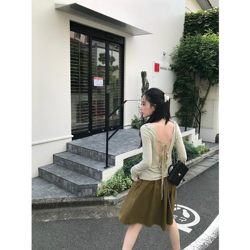 isaro uu 软软duang感羊毛人棉混纺长袖T恤~绑带露背自然毛边T