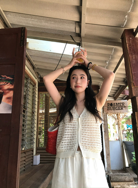 isaro uu 镂空V领亚麻针织~垂感拉链两穿无袖针织上衣